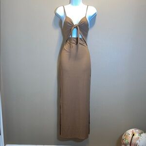 RIVIR Tan Cut Out Tie Front Deep V Neck Bodycon Spaghetti Straps Maxi Dress SZ M